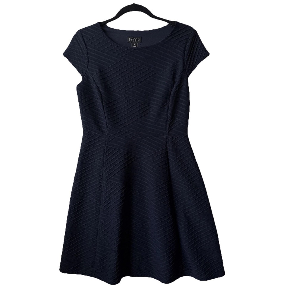 En Focus Navy Blue Textured Jacquard Stripe Stretch Skater Dress 12 Timeless
